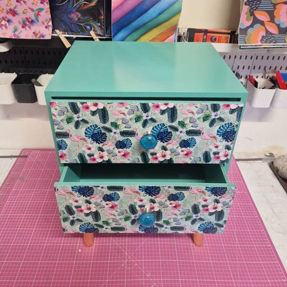 Mint and blue  flamingo square bedside table, two drawers, ideal nightstand. Flamingo and tropical leaf design pink with gold. Customisable