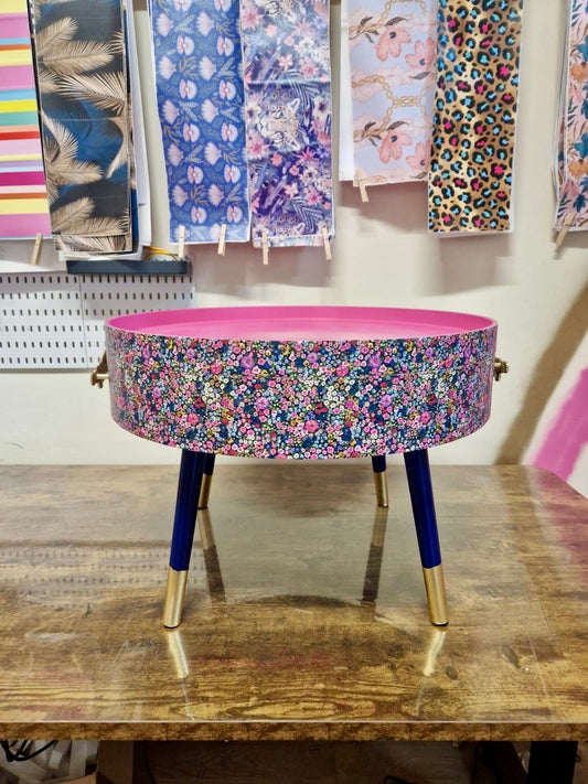 Round coffee table , ditsy floral, multicolour pink blue and green flower design. Round table, lift off top for storage. End table lounge