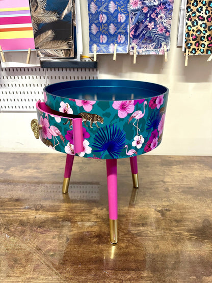 Flocking Fab - Aqua , Pink and Teal Blue tropical side table . Flamingo and leopard print nightstand , bedside table , flamingo and cheetah design end table