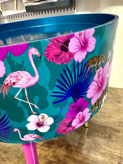 Flocking Fab - Aqua , Pink and Teal Blue tropical side table . Flamingo and leopard print nightstand , bedside table , flamingo and cheetah design end table