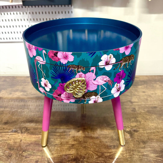 Flocking Fab - Aqua , Pink and Teal Blue tropical side table . Flamingo and leopard print nightstand , bedside table , flamingo and cheetah design end table