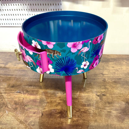 Flocking Fab - Aqua , Pink and Teal Blue tropical side table . Flamingo and leopard print nightstand , bedside table , flamingo and cheetah design end table