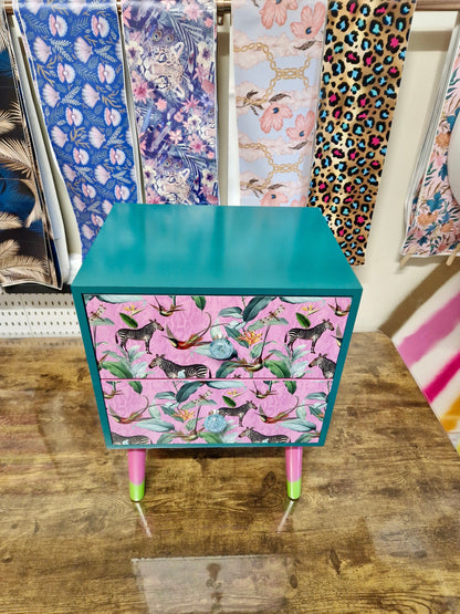 Pine teal green & flamingo pink square bedside table, two drawers, ideal nightstand. Zebra and tropical leaf design. Customisable end table