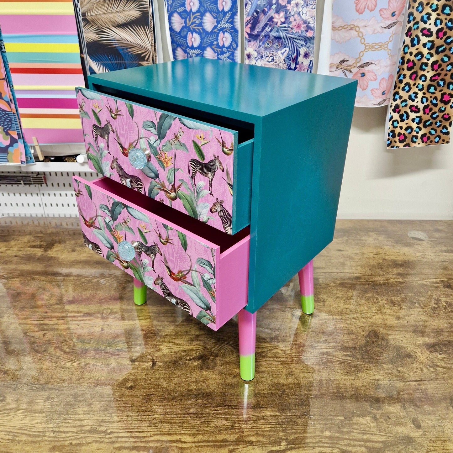 Pine teal green & flamingo pink square bedside table, two drawers, ideal nightstand. Zebra and tropical leaf design. Customisable end table