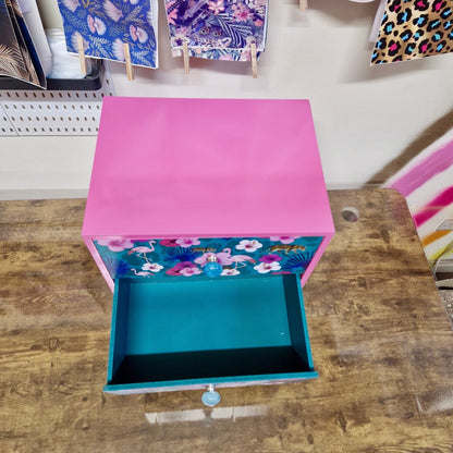 Light Pink and teal nightstand. Flamingo, flower and tropical leaf design bedside table. Customisable end table