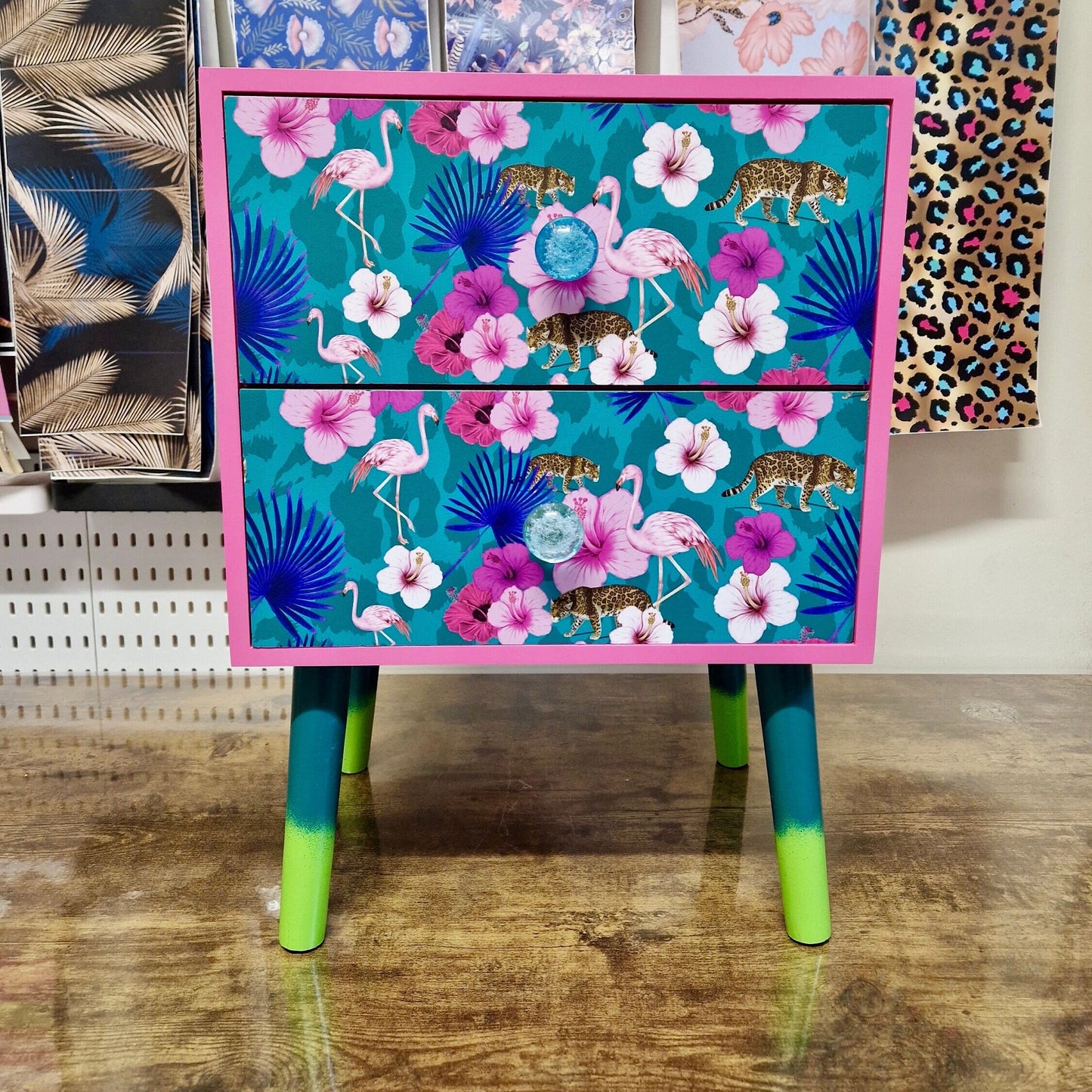 Light Pink and teal nightstand. Flamingo, flower and tropical leaf design bedside table. Customisable end table