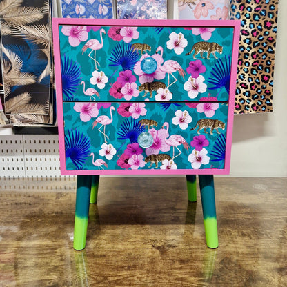 Light Pink and teal nightstand. Flamingo, flower and tropical leaf design bedside table. Customisable end table