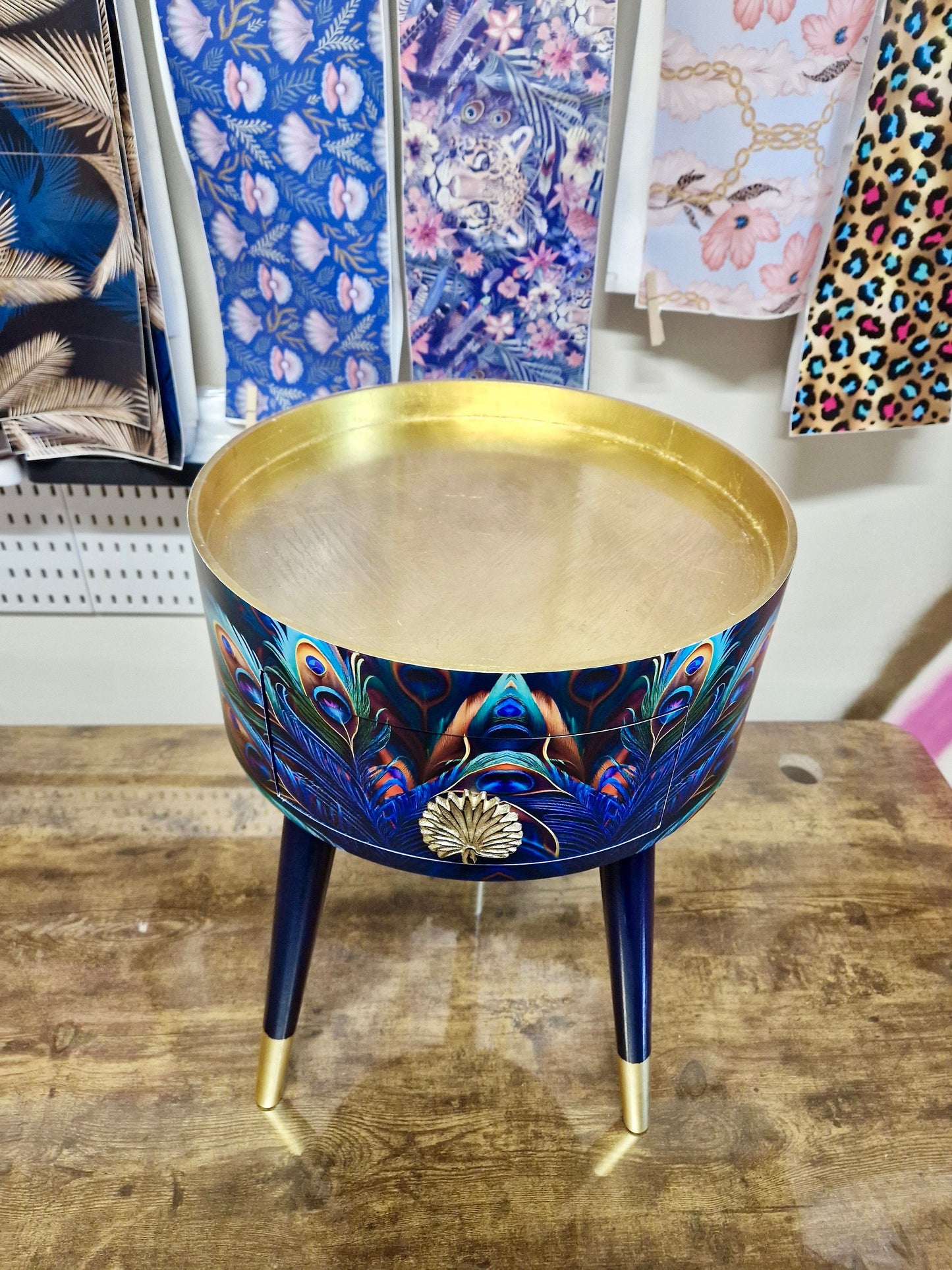 Peacock - Gold side table, blue, green and teal jewel colours, opulent nightstand, gold and navy bedside table, round small table