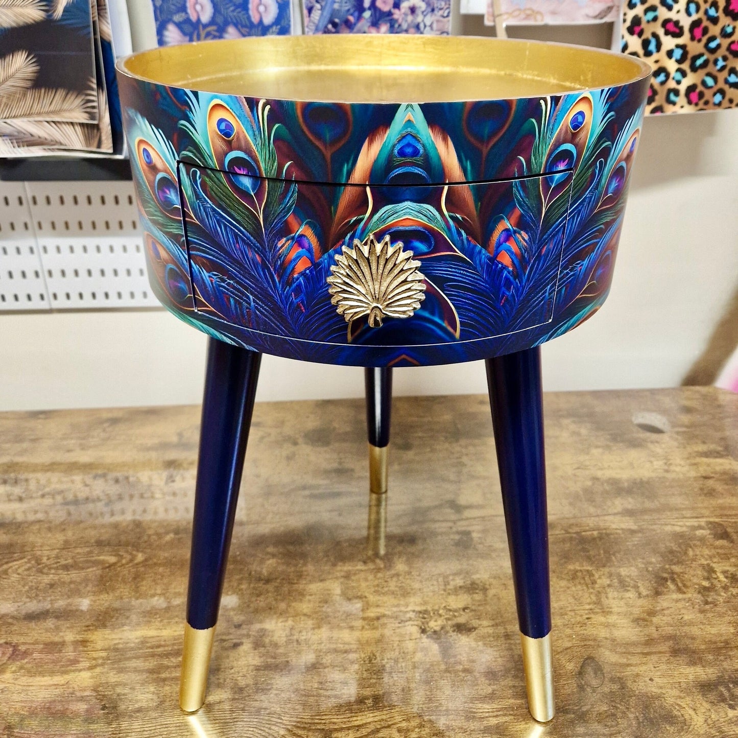 Peacock - Gold side table, blue, green and teal jewel colours, opulent nightstand, gold and navy bedside table, round small table