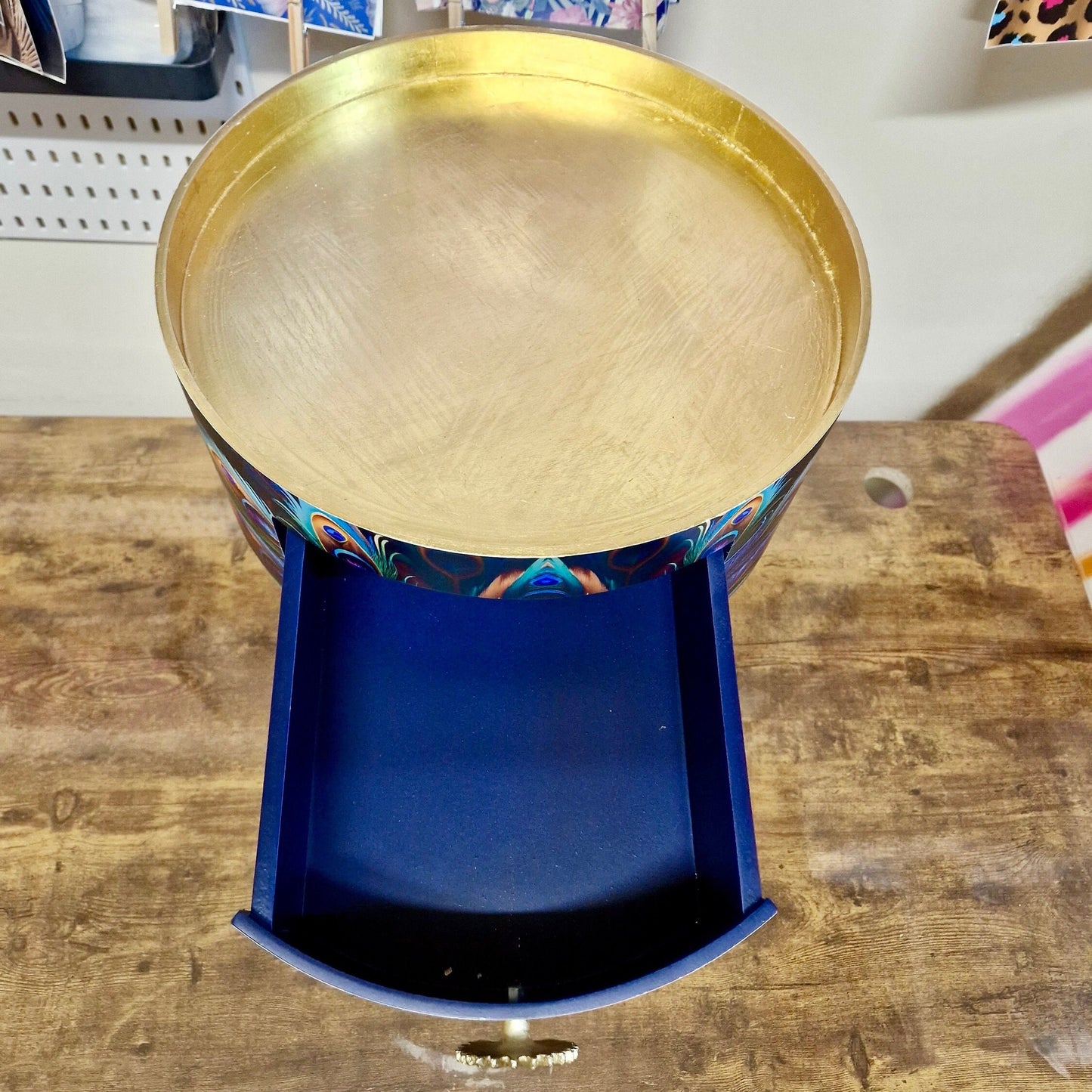 Peacock - Gold side table, blue, green and teal jewel colours, opulent nightstand, gold and navy bedside table, round small table
