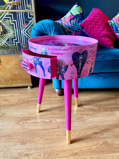 Hot Pink drag race bedside table glitter top . Fun Bright Home Decor . Ideal for Nightstand or side table. RuPaul drag race merchandise