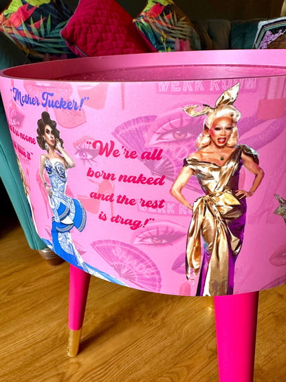 Hot Pink drag race bedside table glitter top . Fun Bright Home Decor . Ideal for Nightstand or side table. RuPaul drag race merchandise