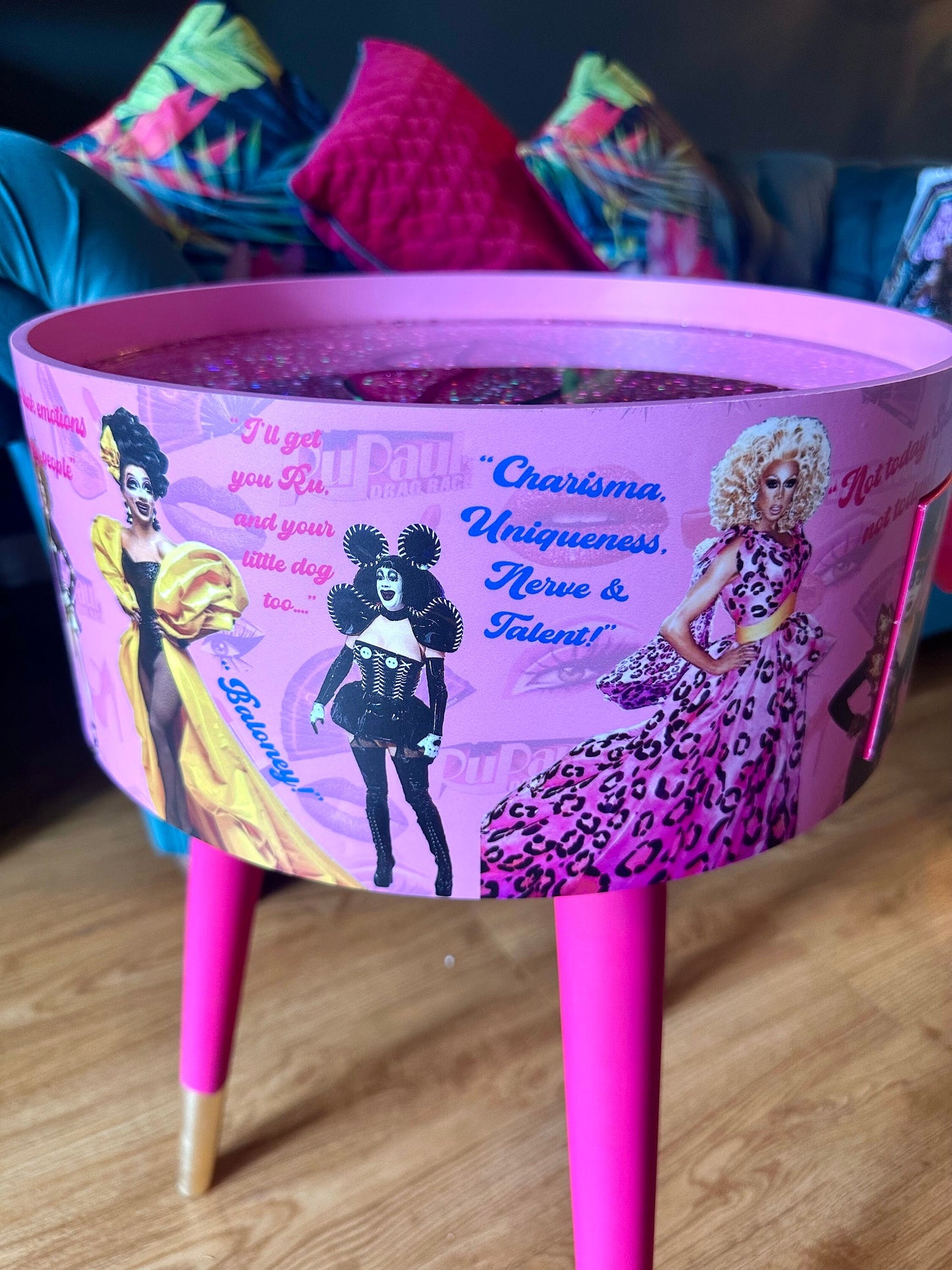 Hot Pink drag race bedside table glitter top . Fun Bright Home Decor . Ideal for Nightstand or side table. RuPaul drag race merchandise