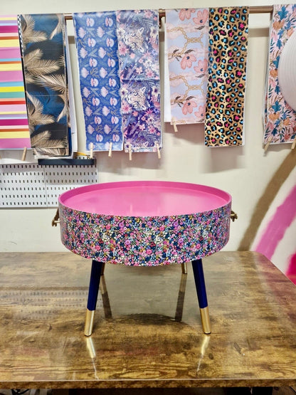 Round coffee table , ditsy floral, multicolour pink blue and green flower design. Round table, lift off top for storage. End table lounge