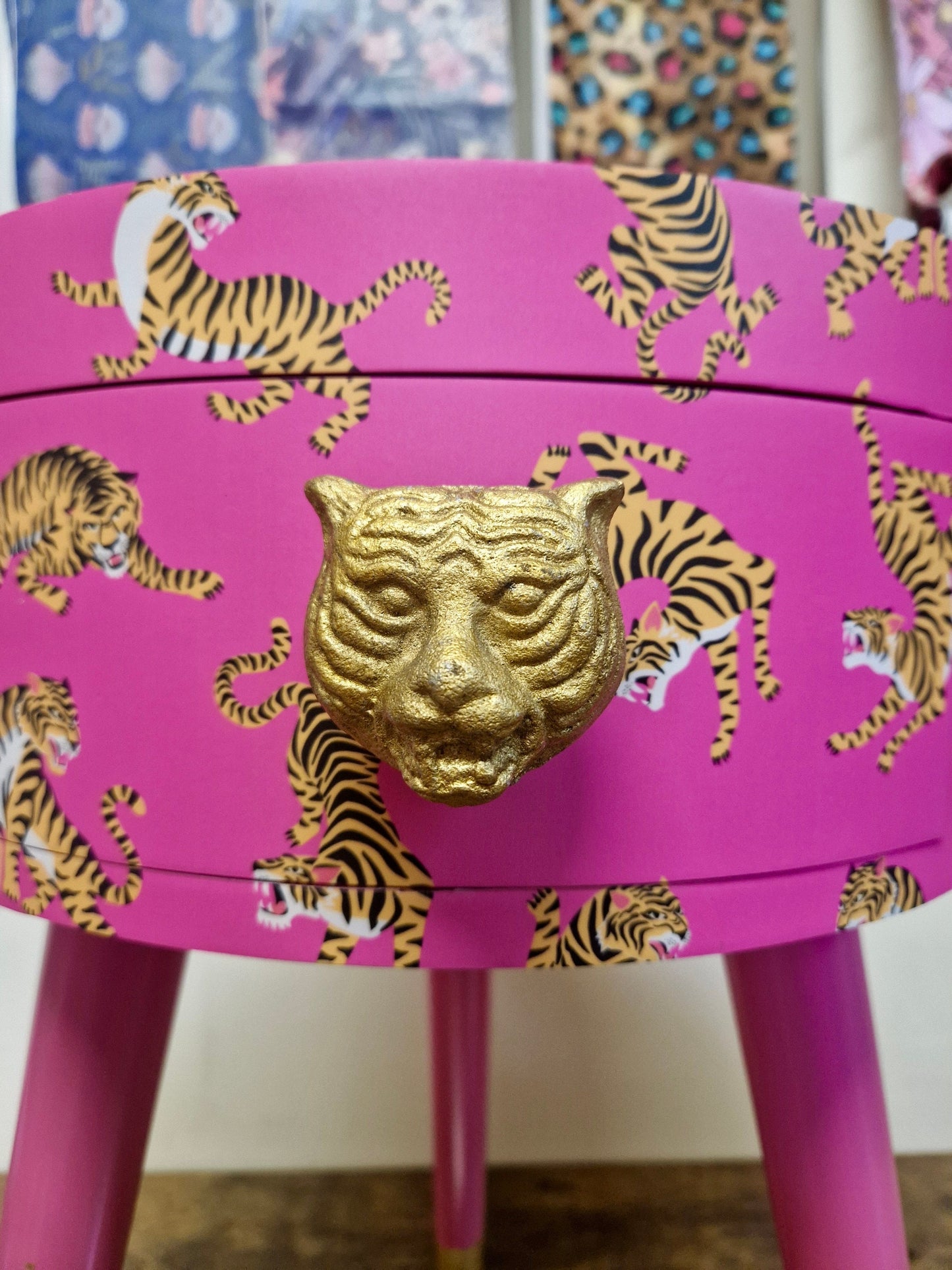 Tiger Table - Hot Pink round bedside table gold glitter top . Fun Bright Home Decor . Ideal for Nightstand or side table. Comes with inbuilt drawer