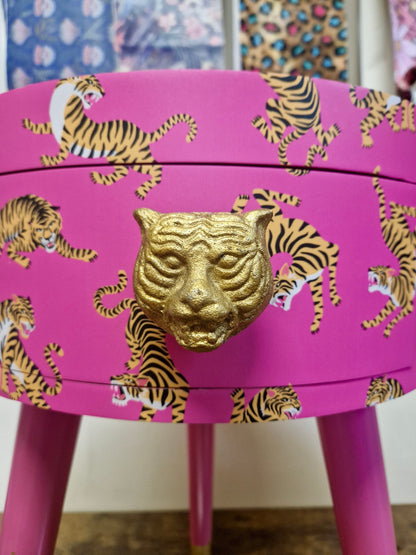 Tiger Table - Hot Pink round bedside table gold glitter top . Fun Bright Home Decor . Ideal for Nightstand or side table. Comes with inbuilt drawer