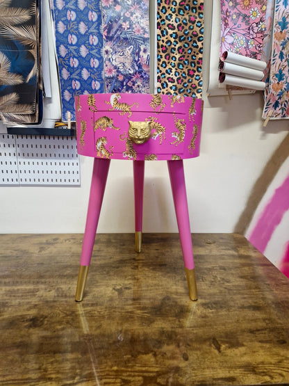 Tiger Table - Hot Pink round bedside table gold glitter top . Fun Bright Home Decor . Ideal for Nightstand or side table. Comes with inbuilt drawer