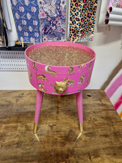 Tiger Table - Hot Pink round bedside table gold glitter top . Fun Bright Home Decor . Ideal for Nightstand or side table. Comes with inbuilt drawer