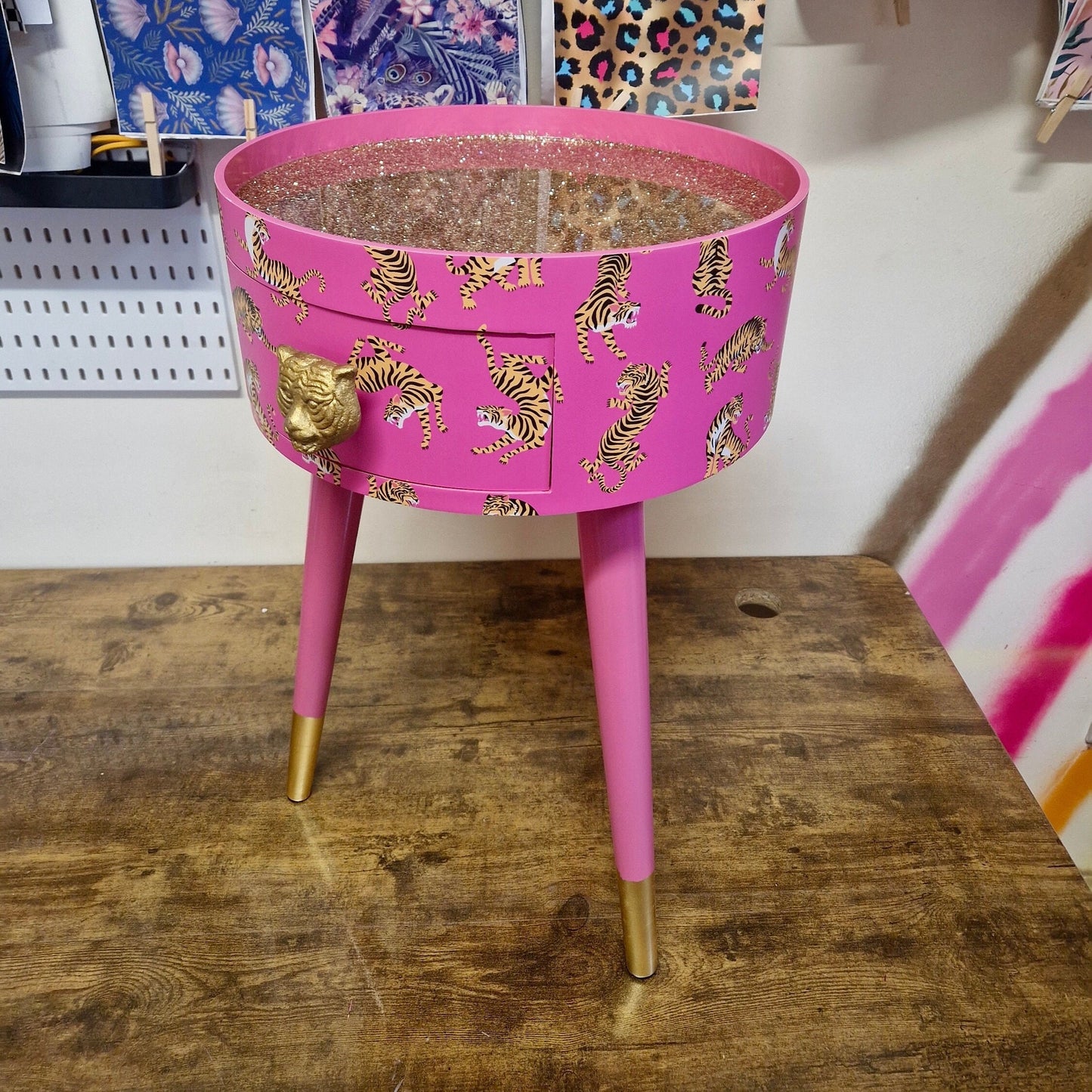 Tiger Table - Hot Pink round bedside table gold glitter top . Fun Bright Home Decor . Ideal for Nightstand or side table. Comes with inbuilt drawer