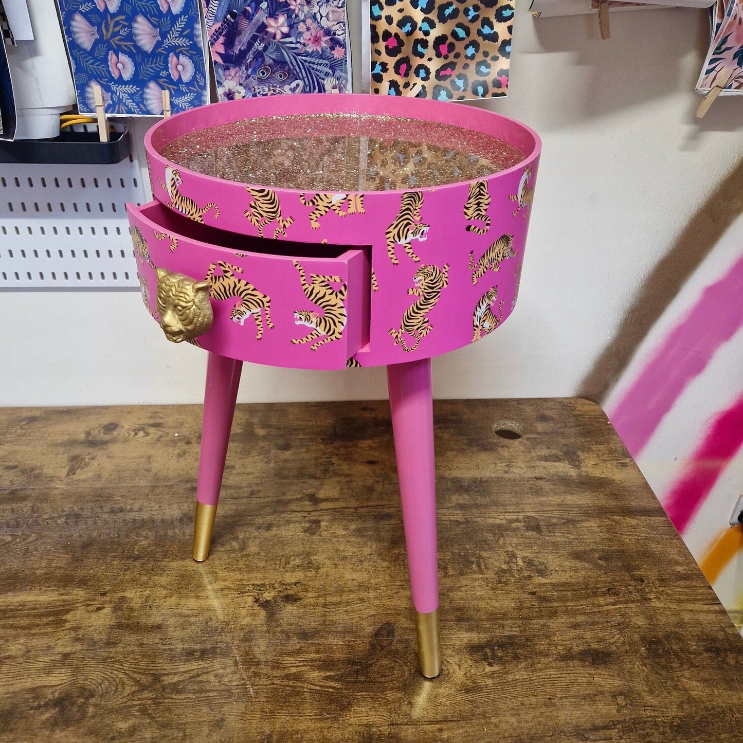 Tiger Table - Hot Pink round bedside table gold glitter top . Fun Bright Home Decor . Ideal for Nightstand or side table. Comes with inbuilt drawer