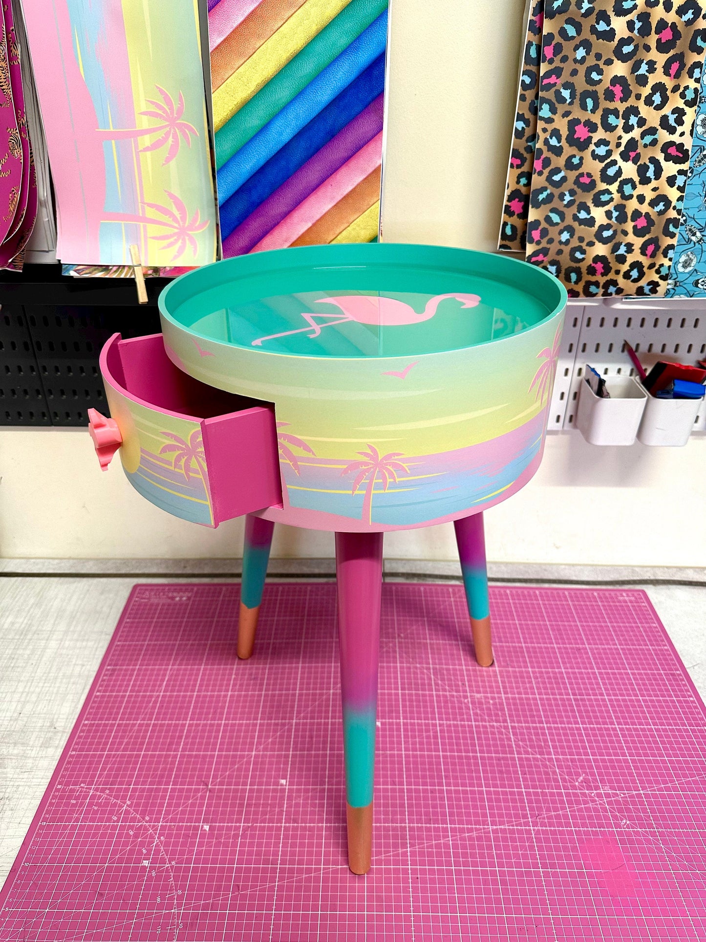 Malibu - Pink with Barbie on top.  mint and pink ombre, sunset, flamingo, Palm Springs nightstand , doll detail, taller legs