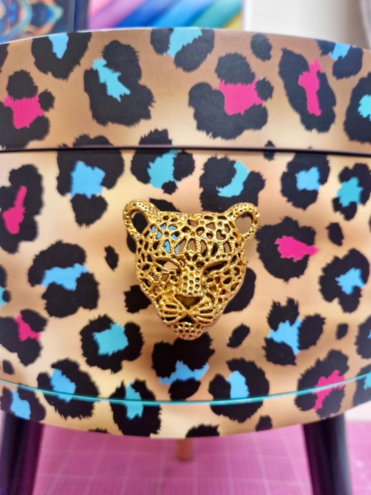 Leopard Print - Gold, Mint green and pink leopard round bedside table . Fun Bright Home Decor . Ideal for Nightstand or side table. Cheetah Print gold design
