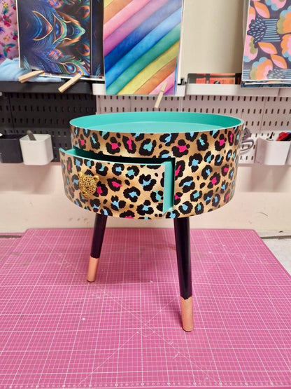 Leopard Print - Gold, Mint green and pink leopard round bedside table . Fun Bright Home Decor . Ideal for Nightstand or side table. Cheetah Print gold design