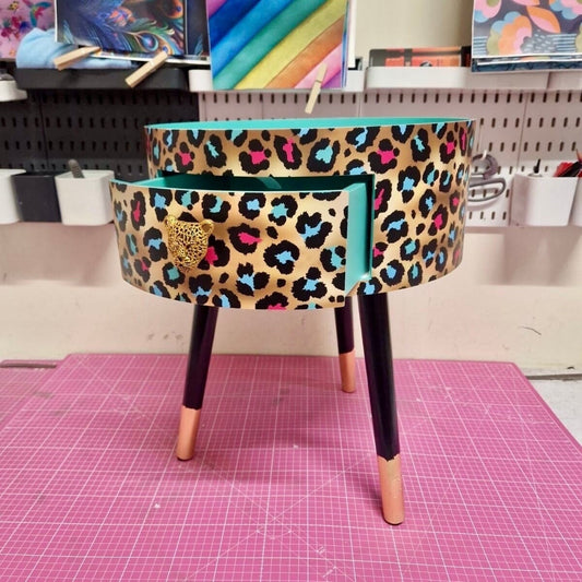 Leopard Print - Gold, Mint green and pink leopard round bedside table . Fun Bright Home Decor . Ideal for Nightstand or side table. Cheetah Print gold design