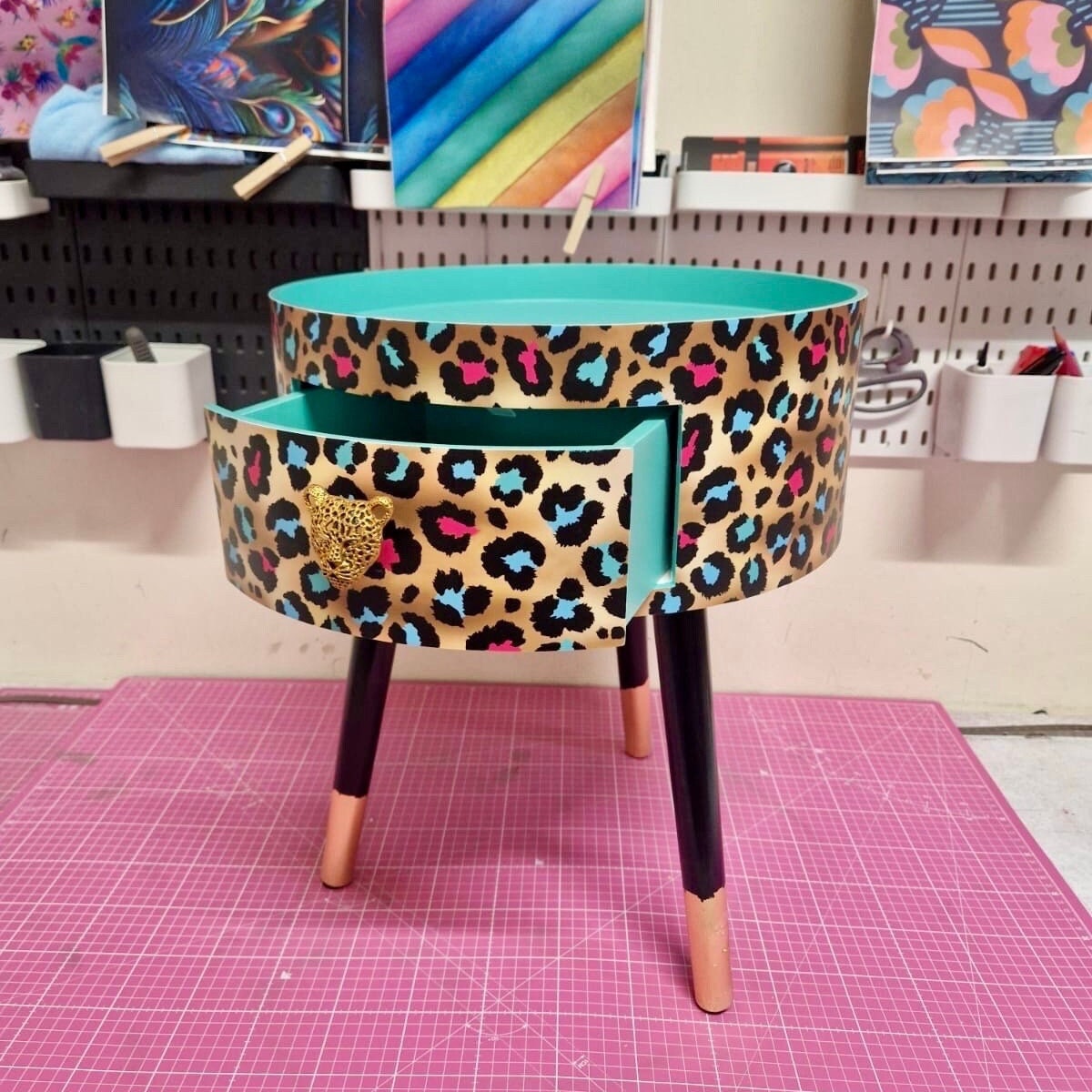 Leopard Print - Gold, Mint green and pink leopard round bedside table . Fun Bright Home Decor . Ideal for Nightstand or side table. Cheetah Print gold design