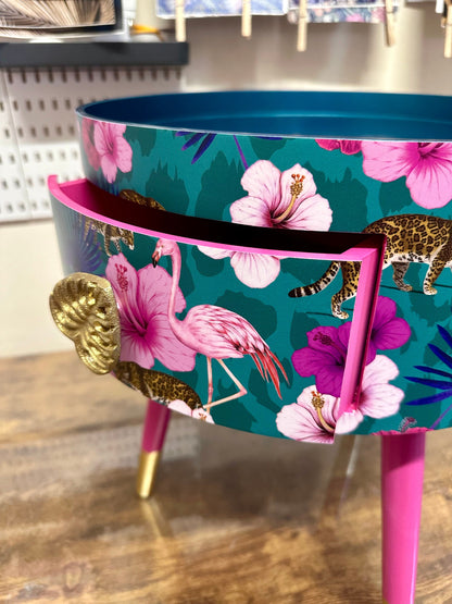 Flocking Fab - Aqua , Pink and Teal Blue tropical side table . Flamingo and leopard print nightstand , bedside table , flamingo and cheetah design end table