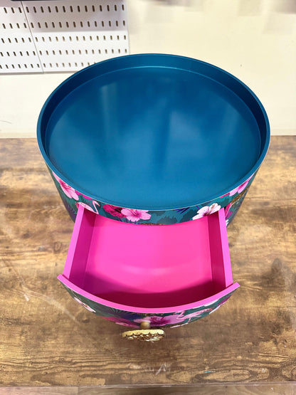 Flocking Fab - Aqua , Pink and Teal Blue tropical side table . Flamingo and leopard print nightstand , bedside table , flamingo and cheetah design end table