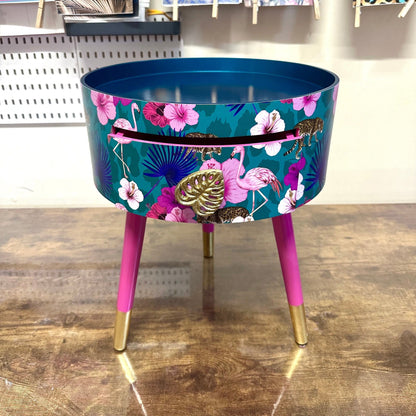 Flocking Fab - Aqua , Pink and Teal Blue tropical side table . Flamingo and leopard print nightstand , bedside table , flamingo and cheetah design end table