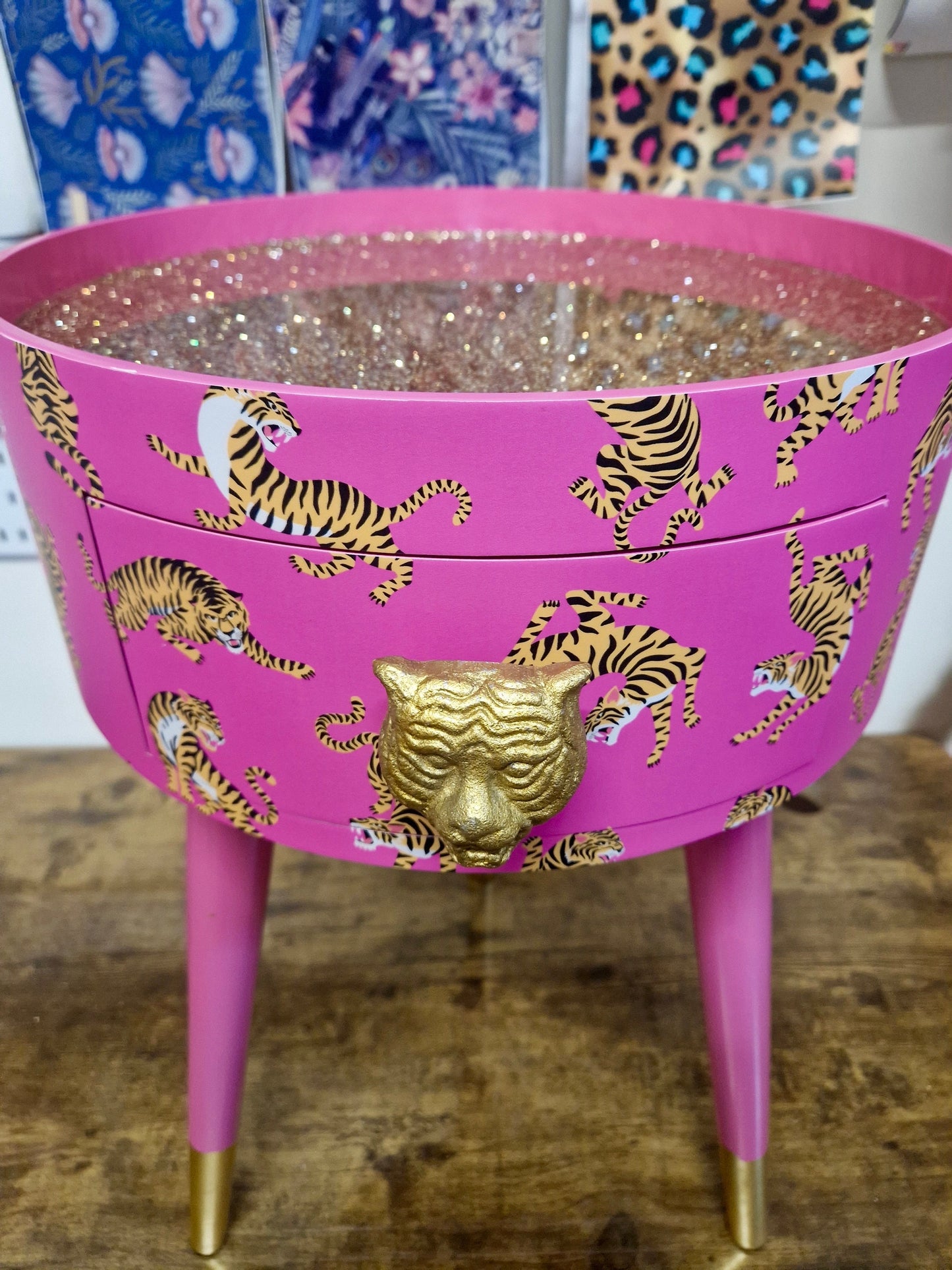 Tiger Table - Hot Pink round bedside table gold glitter top . Fun Bright Home Decor . Ideal for Nightstand or side table. Comes with inbuilt drawer