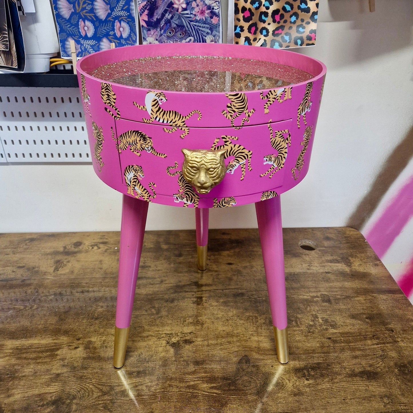 Tiger Table - Hot Pink round bedside table gold glitter top . Fun Bright Home Decor . Ideal for Nightstand or side table. Comes with inbuilt drawer