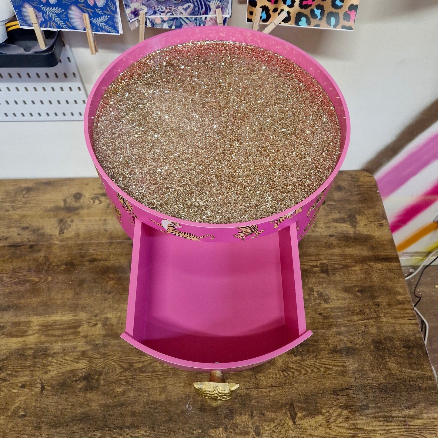 Tiger Table - Hot Pink round bedside table gold glitter top . Fun Bright Home Decor . Ideal for Nightstand or side table. Comes with inbuilt drawer