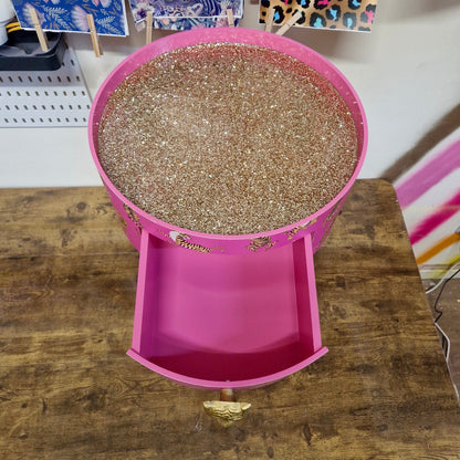 Tiger Table - Hot Pink round bedside table gold glitter top . Fun Bright Home Decor . Ideal for Nightstand or side table. Comes with inbuilt drawer