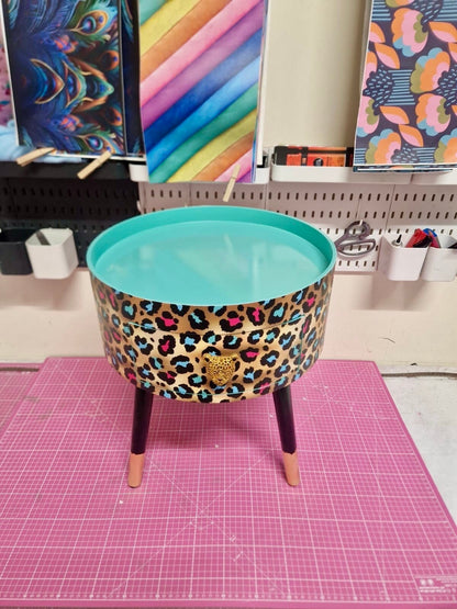 Leopard Print - Gold, Mint green and pink leopard round bedside table . Fun Bright Home Decor . Ideal for Nightstand or side table. Cheetah Print gold design