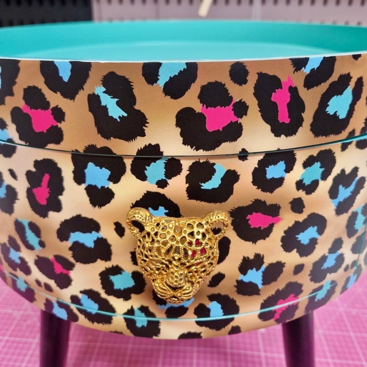 Leopard Print - Gold, Mint green and pink leopard round bedside table . Fun Bright Home Decor . Ideal for Nightstand or side table. Cheetah Print gold design