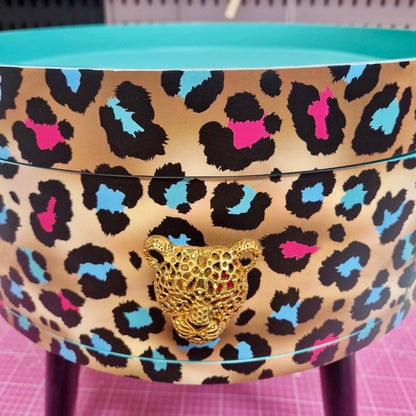Leopard Print - Gold, Mint green and pink leopard round bedside table . Fun Bright Home Decor . Ideal for Nightstand or side table. Cheetah Print gold design