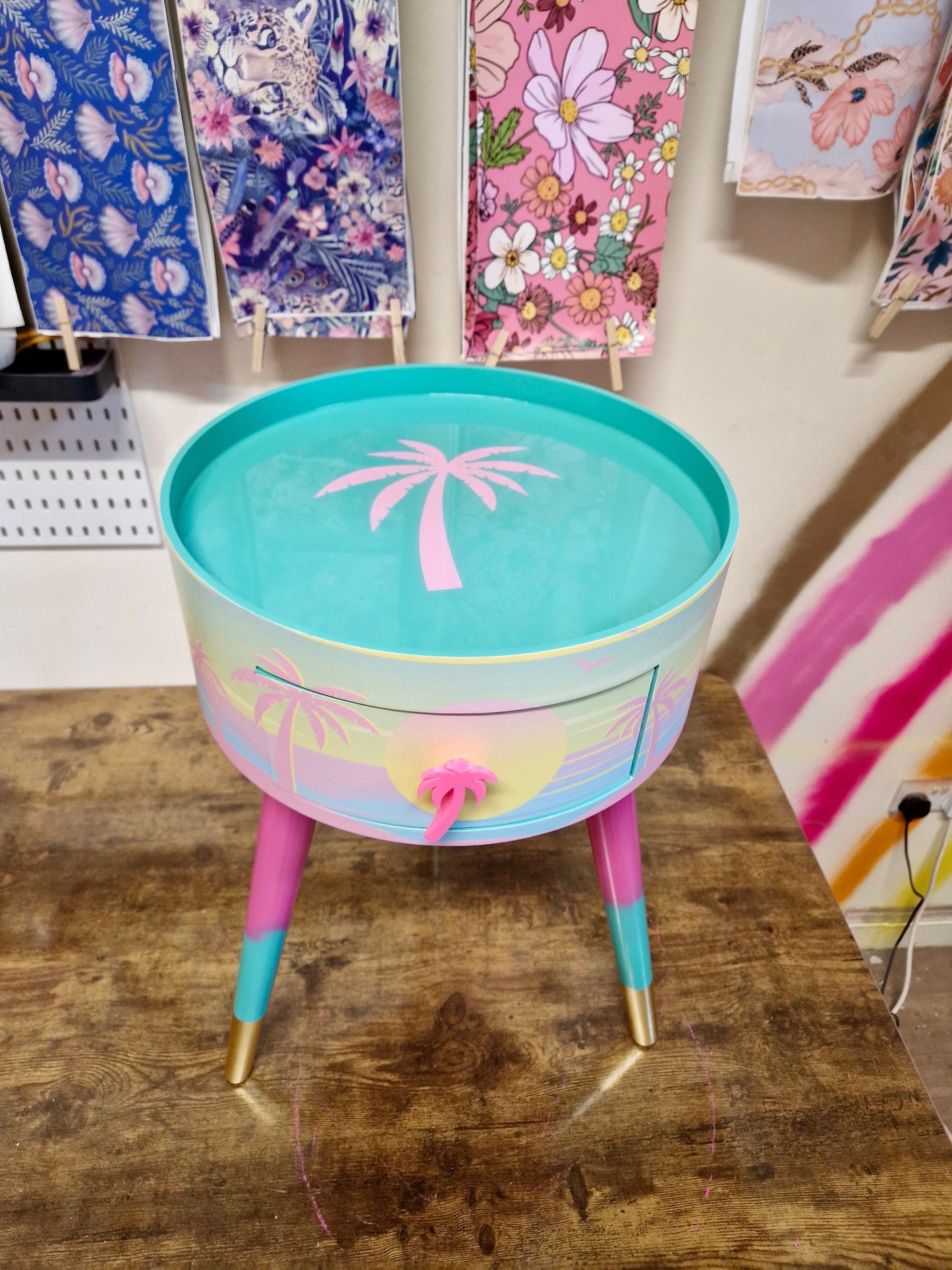 Malibu - Pink with Palm Tree on top. mint and pink ombre, sunset, flamingo, Palm Springs nightstand , Palm tree detail, taller legs