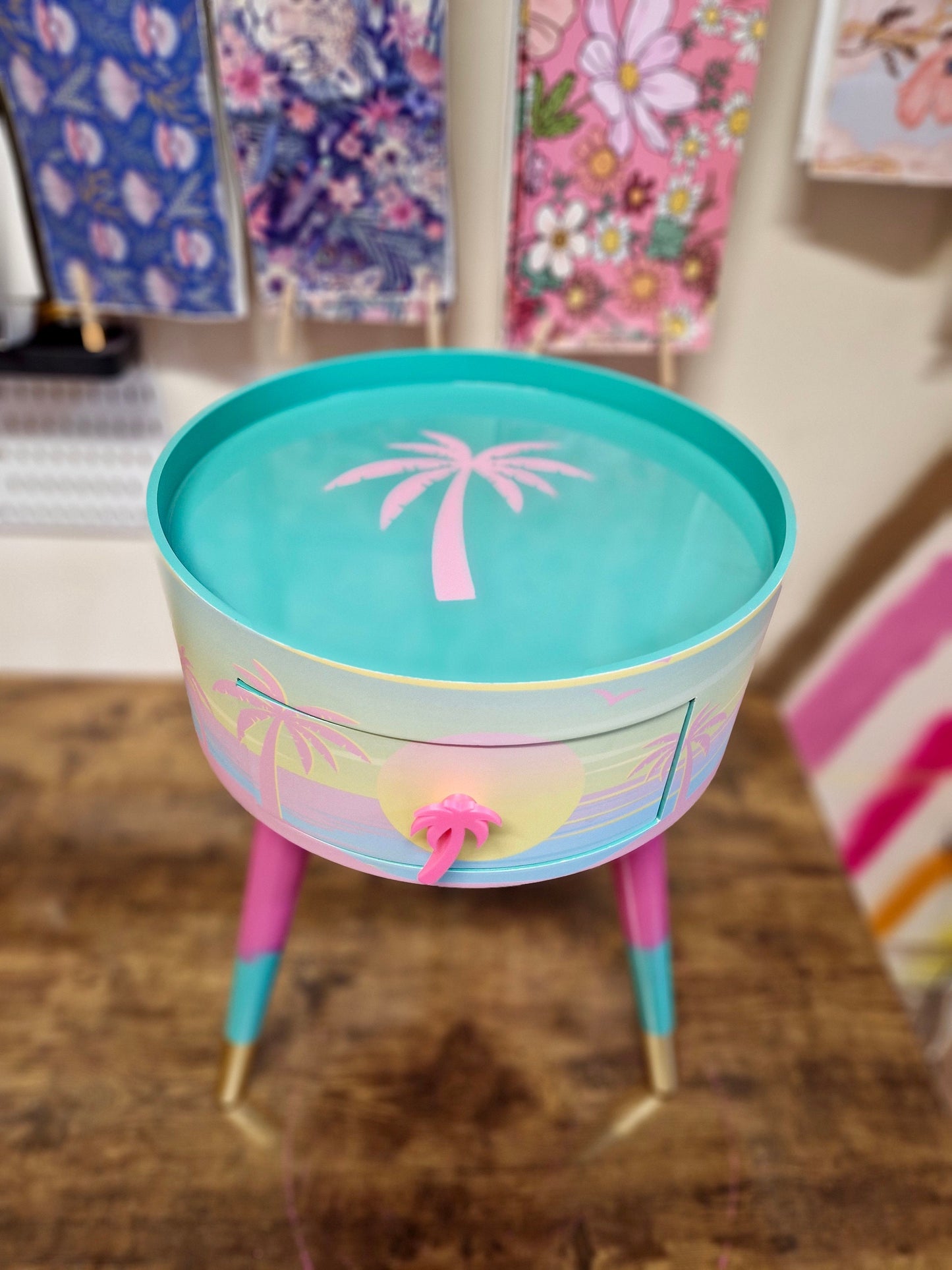Malibu - Pink with Palm Tree on top. mint and pink ombre, sunset, flamingo, Palm Springs nightstand , Palm tree detail, taller legs