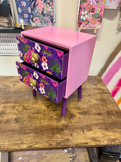 Light Pink and purple square bedside table, two drawers, ideal nightstand. Flamingo leopard and tropical leaf design. Customisable end table