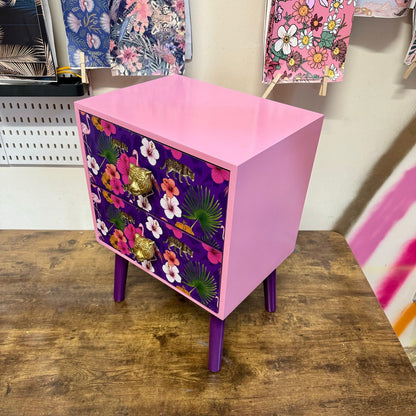 Light Pink and purple square bedside table, two drawers, ideal nightstand. Flamingo leopard and tropical leaf design. Customisable end table