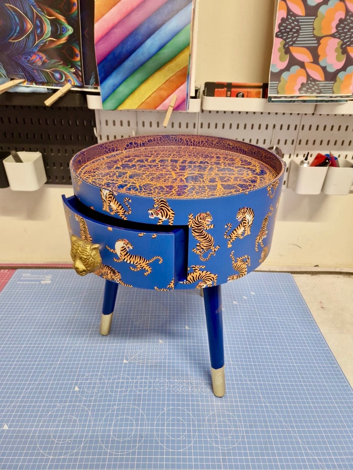 Tiger Table - Royal Blue table with royal blue and orange top table . Fun Bright Home Decor . Ideal for Nightstand or side table. Inbuilt drawer