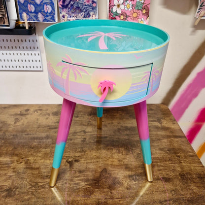 Malibu - Pink with Palm Tree on top. mint and pink ombre, sunset, flamingo, Palm Springs nightstand , Palm tree detail, taller legs