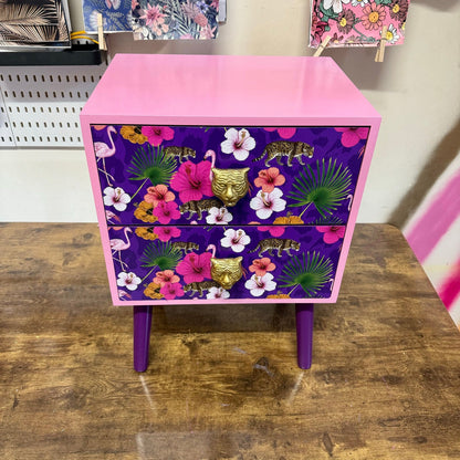 Light Pink and purple square bedside table, two drawers, ideal nightstand. Flamingo leopard and tropical leaf design. Customisable end table