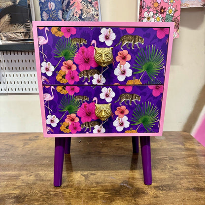 Light Pink and purple square bedside table, two drawers, ideal nightstand. Flamingo leopard and tropical leaf design. Customisable end table