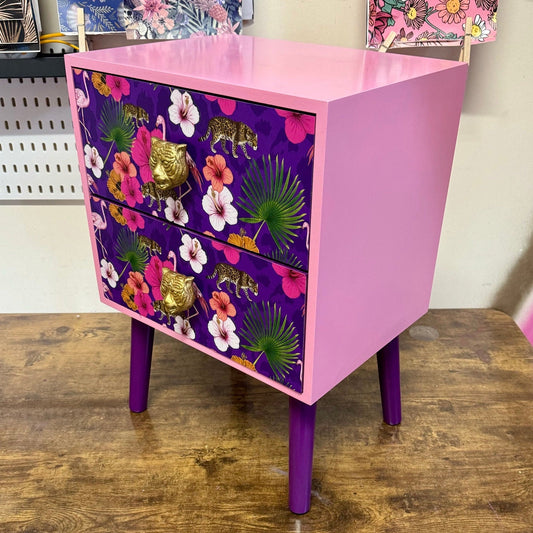Light Pink and purple square bedside table, two drawers, ideal nightstand. Flamingo leopard and tropical leaf design. Customisable end table
