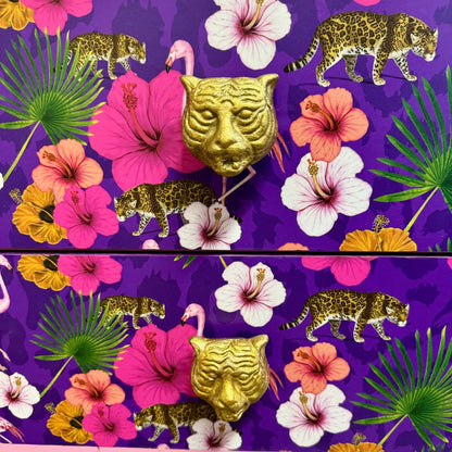 Light Pink and purple square bedside table, two drawers, ideal nightstand. Flamingo leopard and tropical leaf design. Customisable end table