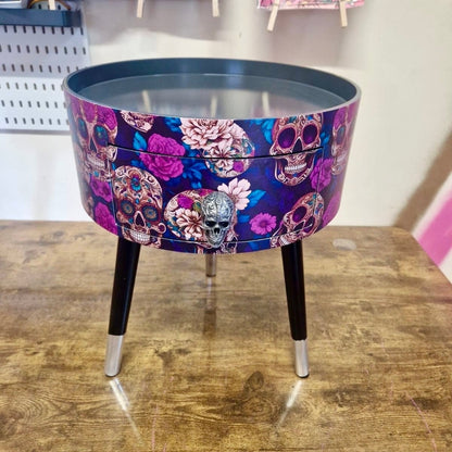 Skull design bedside table. Purple and black skull and roses, gothic inspired nightstand. Grey floral day of the dead end table